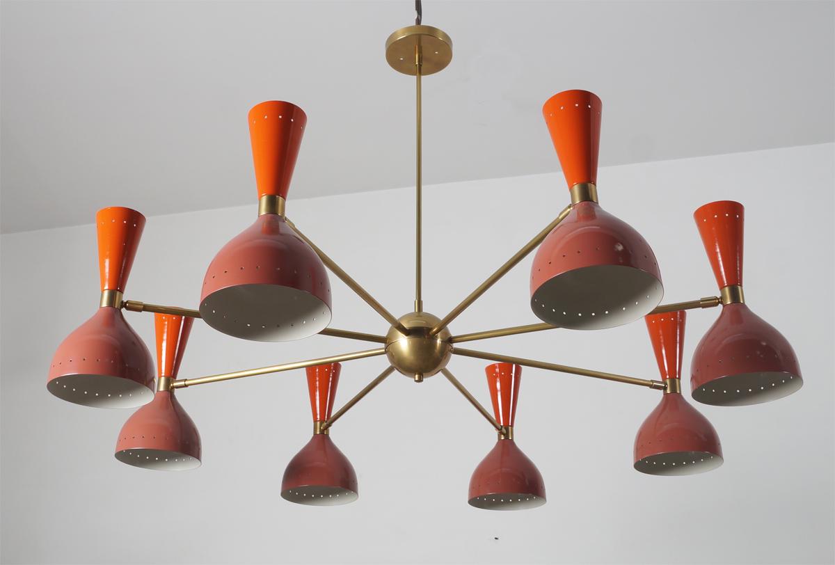 8 Light Stilnovo Style Diabolo Brass Chandelier